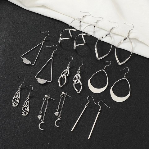 Geometric Alloy Dangle Earrings For Women Hollow Out Multi Layer Leaf Star Moon Teardrop Shape Silver Color Fashion