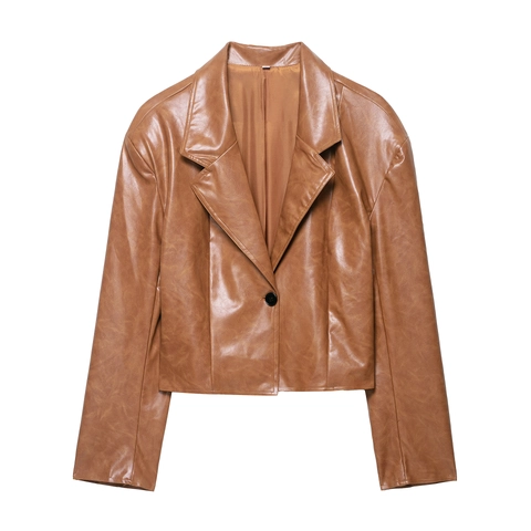 Women Faux Leather Blazer Jacket Lapel Button Closure Long Sleeve Short Cropped PU Outerwear Streetwear