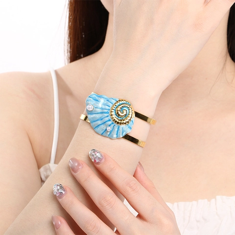 Oceaan Schelp Zeester Open Manchet Armband Roestvrij Staal Emaille Nep Kunstparel Strand Mode Sieraden Voor Vrouwen