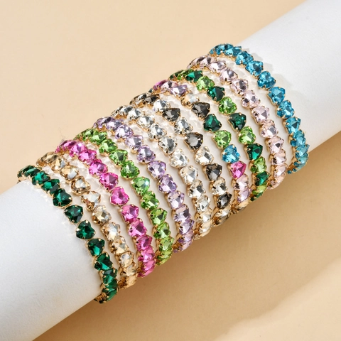 Heart Shaped Zircon Bracelet Colorful Crystal Alloy Gold Plated Elastic Bangle Fashion Jewelry For Women