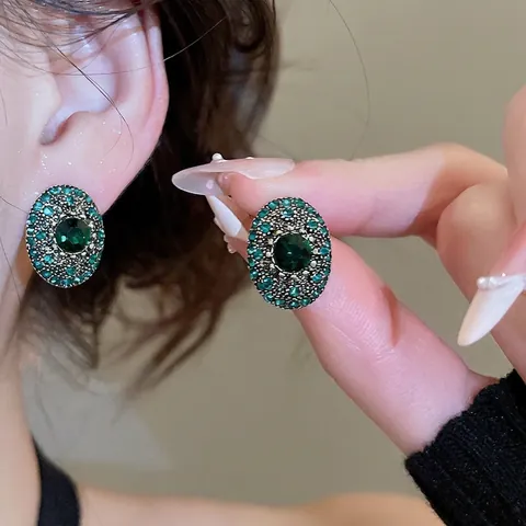 Vintage Ovale Grüne Strassohrringe Mit 925 Sterling Silber Ohrstecker Retro Palast Stil Schmuck Für Damen
