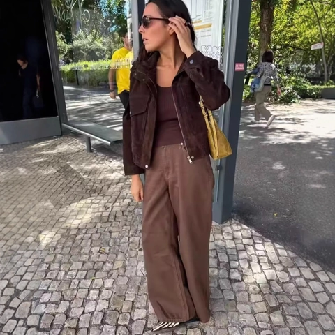 Women Casual Faux Suede Jacket Stand Collar Zipper Utility Coat With Pockets Solid Color Streetwear Outerwear
