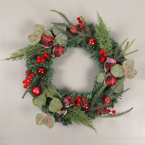 Artificial Christmas Wreath With Eucalyptus Red Berries Pine Needles Red Black Plaid Bow For Front Door Wall Decoration