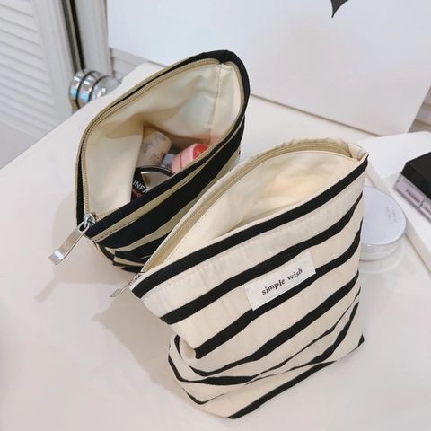 Neceser De Lona A Rayas Minimalista Tweed Bolsa De Maquillaje Cremallera Organizador De Viaje Para Mujer