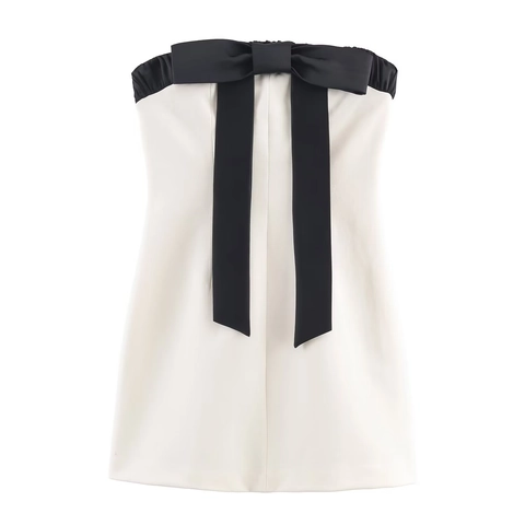 Trägerloses Mini Kleid Acetat Polyester Satin Große Schleife Dekor Schwarz Und Weiß Kontrast Slim Fit Elegant Mode Damen