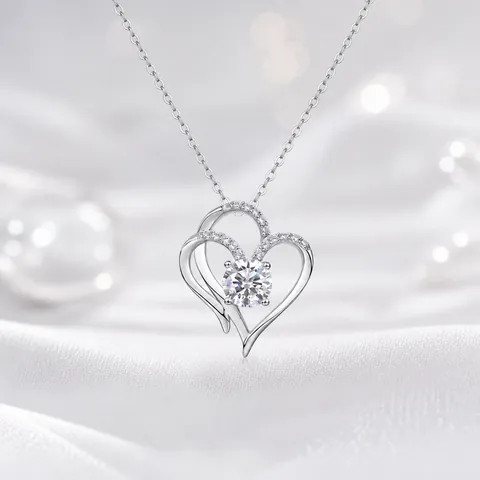Heart Pendant Necklace 925 Sterling Silver Moissanite Interlocking Double Heart Clavicle Chain Jewelry For Women