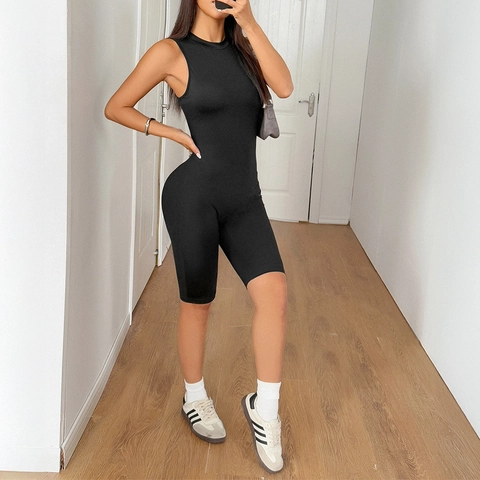 Damen Ärmellos Unitard Nylon Elasthan Eng Yoga Bodysuit Kurz Romper Einfarbig Schwarz Sexy Hohe Taille