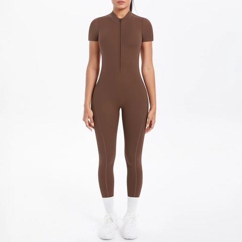 Damen Yoga Overall Rückenfrei Scrunch Butt Kurzarm Reißverschluss Sport Einteiler Fitness Body Nylon Spandex