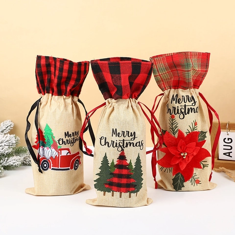 Christmas Wine Bottle Cover Burlap Linen Gift Bag Drawstring Plaid Buffalo Check Festive Dining Table Decoration Ornament