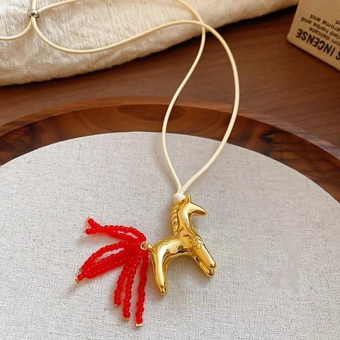 Collier Pendentif Cheval Poney Style Chinois Vintage Plaqué Or Véritable Pièce Cuivre Oeil De Tigre Chaîne Pull Y