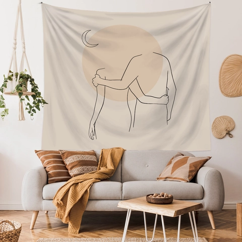 Arazzo Da Parete Poliestere Arte Linea Minimalista Coppia Abbracciando Astratto Sole Luna Estetica Bohemien Decorazione Camera Soggiorno