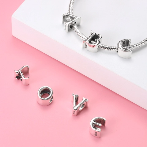 Ciondoli Charm Lettera Alfabeto Argento Sterling 925 Perline Iniziali Per Bracciale DIY Gioielli Stile Vintage Ossidato