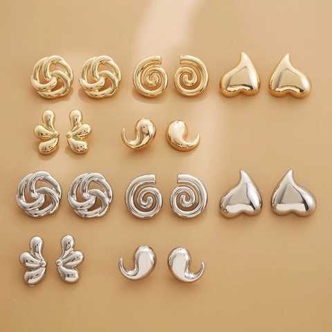 Pendientes de Botón de Cobre Chapado en Oro Minimalista Vintage para Mujer Nicho de Gama Alta Geométrico Gota Corazón Espiral Joyería