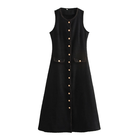 Sleeveless Tweed Maxi Dress Round Neck Single Breasted Gold Buttons Elegant French Style Long Vest Dress For Women
