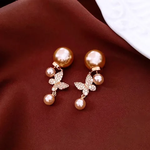 Pendientes De Mariposa Y Perla Artificial Con Poste De Plata Chapado En Oro 18K Strass Joyas Vintage Elegantes Para Mujer