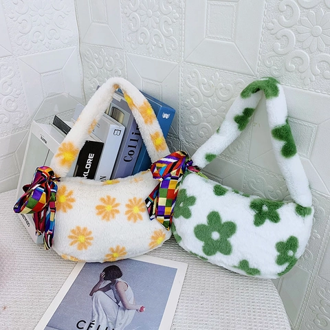 Borsa Sottobraccio Peluche Pelliccia Sintetica Cuore Floreale Con Fiocco In Raso Decor Borsa A Spalla Morbida Dolce Per Donne Ragazze