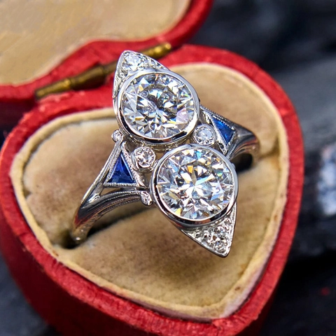 Vintage Toi Et Moi Ring Geometric Copper White And Blue Cubic Zirconia Jewelry For Women Anniversary Gift
