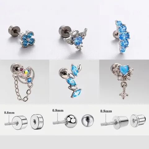 Orecchini Cartilagine Zircone Blu Opale Acciaio Titanio Vite Retro Piatto Piercing Gioielli Cuore Ala Stella Per Donna