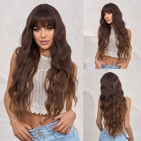 Peluca Larga Rizada Para Mujer Fibra Sintética De Alta Temperatura Ondas Grandes Naturales Postizo Resistente Al Calor Flequillo Moda Glamour