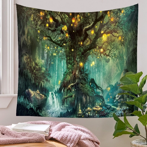 Fantasy Wald Wandteppich Magischer Baum Glühende Laterne Wasserfall Wandbehang Polyester Wohnkultur Schlafzimmer Kunst