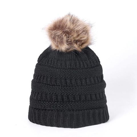 Adult Winter Warm Knit Beanie Hat With Faux Fur Pom-Pom Fleece Lined Thick Ribbed Cuff Thermal Solid Color Outdoor Skull Cap
