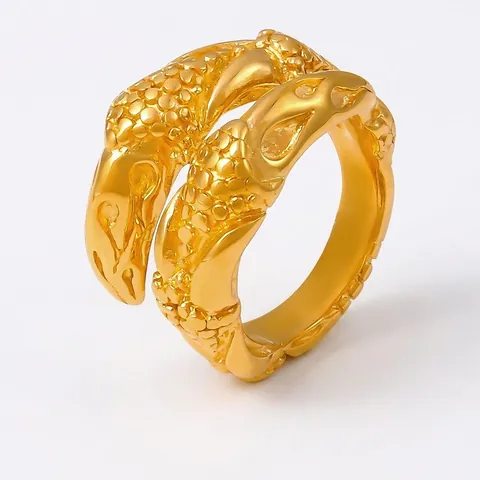 Vintage Double Head Snake Ring Stainless Steel 18K Gold Plated Dragon Scale Texture Open Adjustable Jewelry