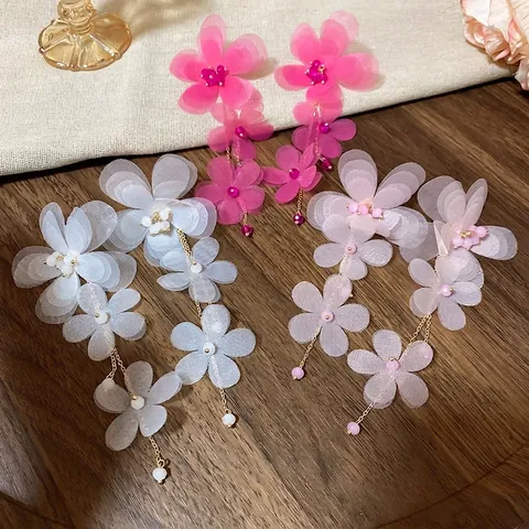 Chiffon Stoff Blume Quaste Ohrringe Mit 925 Sterling Silber Ohrstecker Lange Elegante Romantische Süsse Schmuck Frauen
