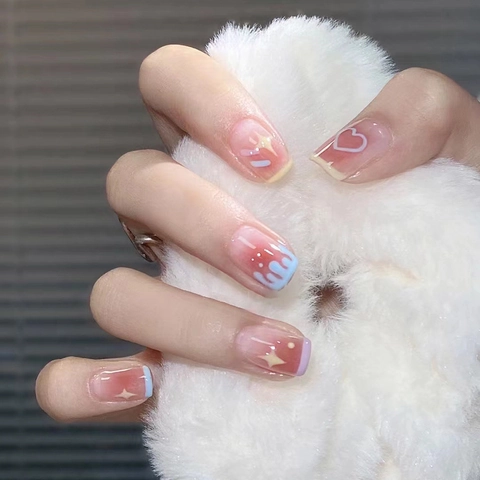 Press On Nagels Roze Rood Gradiënt Hart Ster Patroon Kort Vierkant Kunstnagels Voor Dames