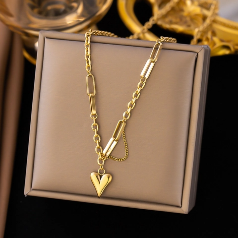 Femmes Collier Bracelet Pendentif Cœur en Acier Inoxydable Or Argent Plaqué Chaîne Mixte Asymétrique Bijoux Coeur