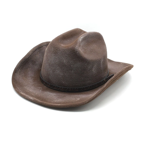 Chapeau De Cowboy Western En Feutre Polyester Large Bord Style Vintage Délavé Avec Bande En Similicuir