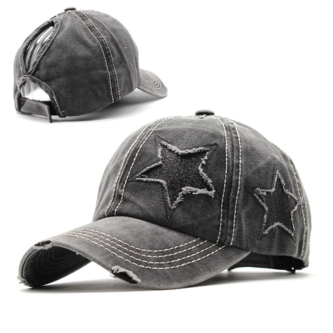 Distressed Washed Cotton Ponytail Baseball Cap Sequin Star Patch Verstellbarer Sonnenhut Für Damen Outdoor Freizeit
