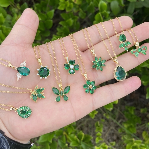 Copper Emerald Green Zircon Pendant Necklace Gold Plated Butterfly Heart Flower Clavicle Chain Jewelry For Women