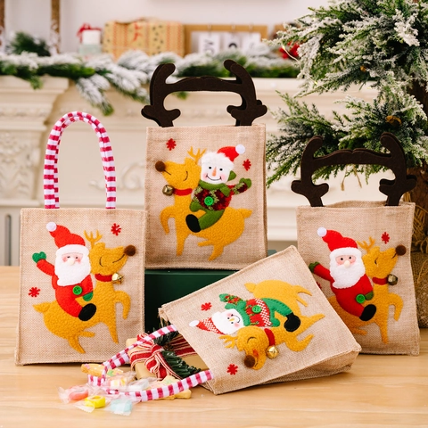 Christmas Gift Bags Burlap Linen Candy Pouch With Striped Antler Handles Santa Snowman Reindeer Applique Party Supplies