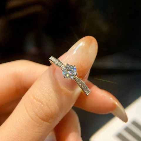 Round Cut Moissanite Ring 925 Sterling Silver Classic Six Prong Setting Engagement Wedding Band For Women Elegant Gift