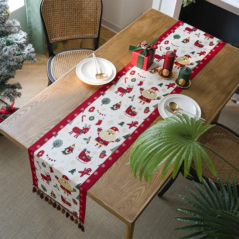 Runner da Tavolo Natalizio in Poliestere Jacquard Con Motivo Babbo Natale Renna Pupazzo di Neve e Nappe per Feste