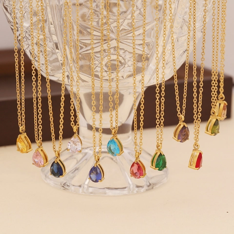 Birthstone Teardrop Pendant Necklace Stainless Steel Gold Plated Colorful Water Drop Gemstone Jewelry Women
