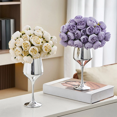 Modern Goblet Glass Vase Electroplated Mirror Finish Artificial Flowers Bouquet For Dining Table Wedding Desktop Home Decoration