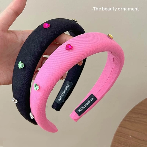 Padded Sponge Headband With Colorful Heart Rhinestones Sweet Fashion High Top Hair Band For Women Girls Korean Style