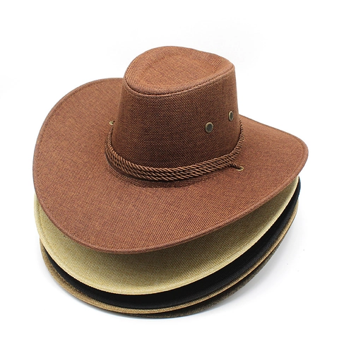 Chapeau De Cow-Boy Occidental Polyester Tressé Large Bord Avec Décoration De Corde Œillets Métalliques Voyage Extérieur