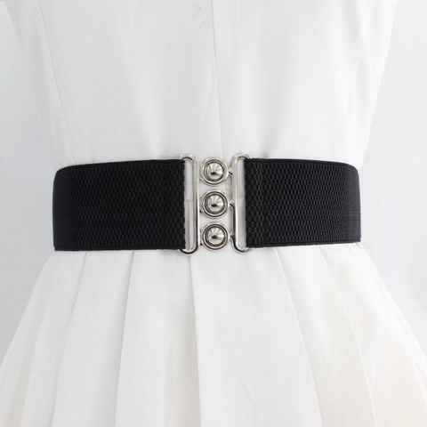 Women Wide Elastic Waist Belt With Alloy Interlocking Round Buckle Decorative Corset Cinch Belt For Dresses