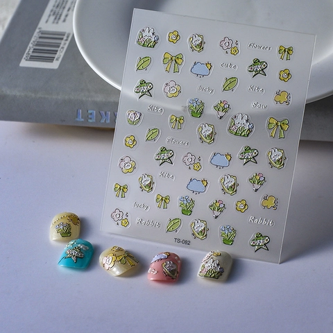 5D Embossed Nail Stickers Cartoon Rabbit Flower Pattern Waterproof Nail Art Decals Kids Girls Fashion Decor