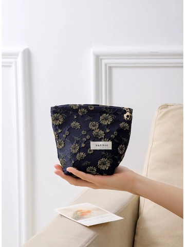Daisy Pattern Jacquard Cosmetic Bag Portable Travel Makeup Organizer Zipper Pouch Canvas Lining Elegant Handbag For Women