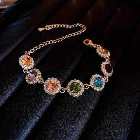 Buntes Rundes Kristall Armband Für Damen Vergoldete Legierung Strass Verstellbar Süßer Eleganter Handschmuck