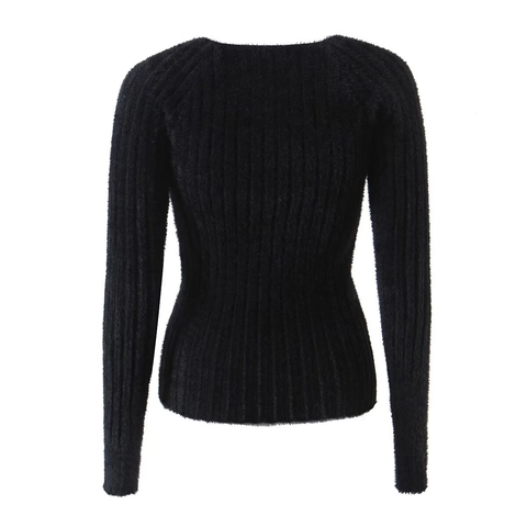 Dames V Hals Pluizige Gebreide Top Geribbelde Lange Mouwen Trui Metalen Ring Schouder Uitsparing Chic Slim Fit Zwart