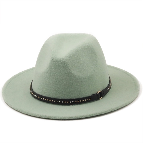 Vintage Fedora Hat Woolen Felt Wide Brim Rivet Belt Decor British Style Solid Color Jazz Cap For Women Men