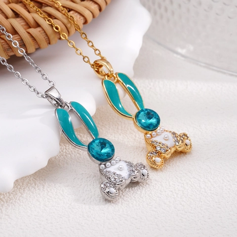 Eleganter Kaninchen Anhänger Halskette Für Damen Kupfer Emaille Eingelegter Strass Künstliche Perle Mode Gold Silber Kette Schmuck