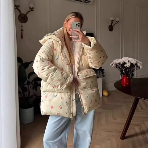 Women Puffer Jacket Polyester Hooded Long Sleeved Floral Fruit Print Quilted Vintage Casual Padded Coat