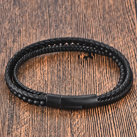 Pulsera Trenzada de Cuero Genuino para Hombre Hebilla Magnética de Acero Inoxidable Cuentas Negras Piedra de Lava Joyería