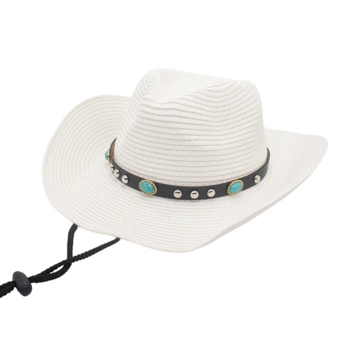 Western Cowboy Straw Hat With Turquoise Rivet Leather Band Adjustable Windproof Rope Summer Beach Sun Hat For Men Women