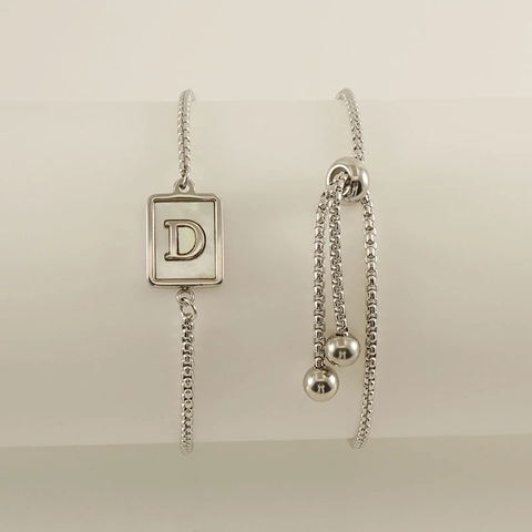 Stainless Steel Initial Letter Bracelet Mother Of Artificial Pearl Shell Rectangular Pendant Adjustable Slider Jewelry For Women